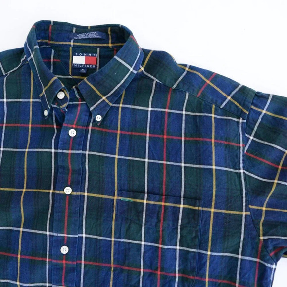 VTG 90'S Tommy Hilfiger Blue And Green Cross Pattern Cotton Button Down Shirt XL - Picture 7 of 10